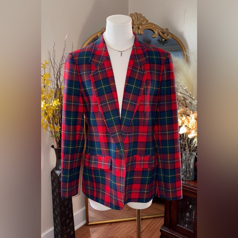VTG Pendleton Virgin Wool Blazer Jacket Size 10 Red Plaid Tartan Academia USA